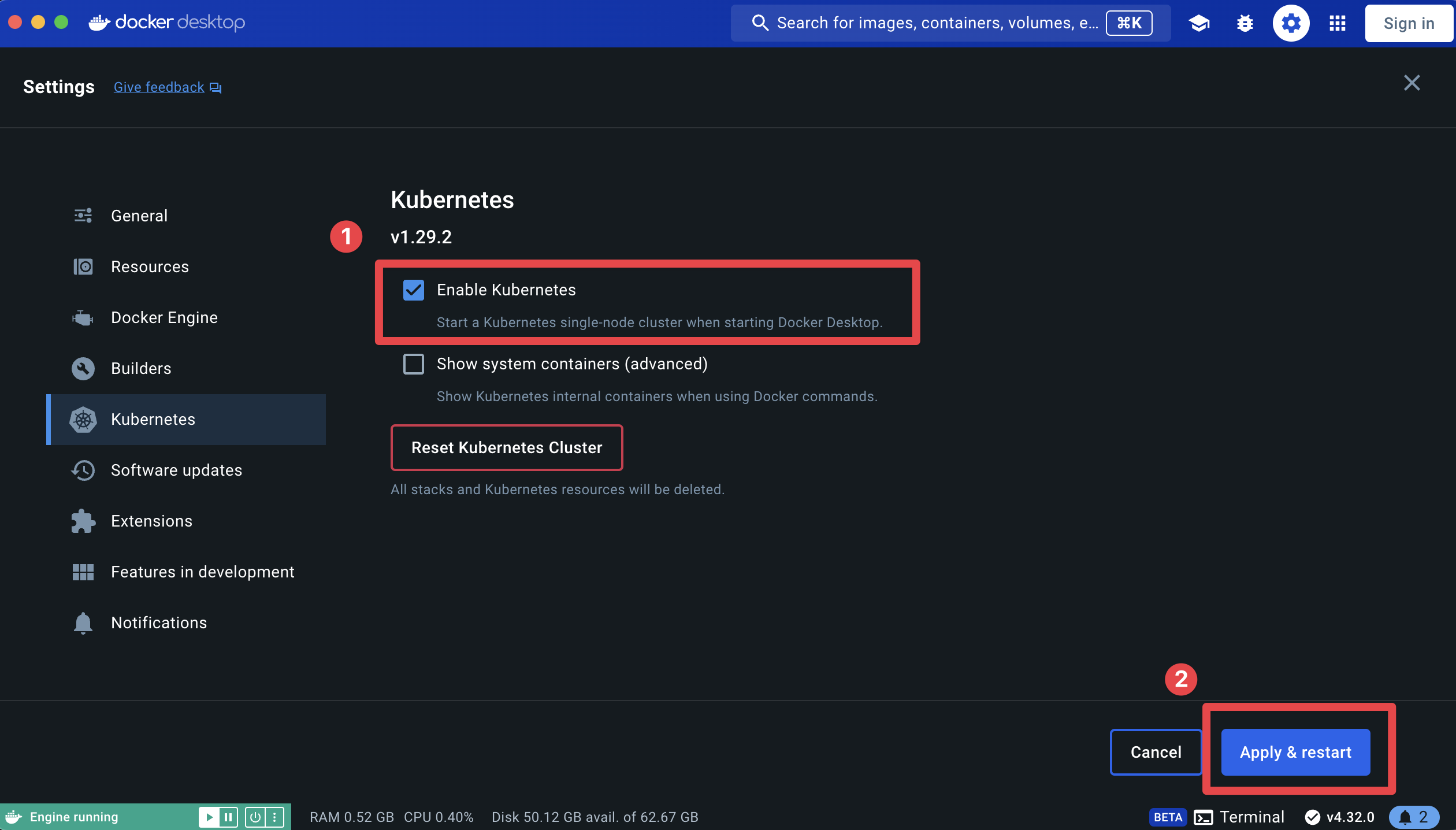 Activation de Kubernetes dans Docker Desktop