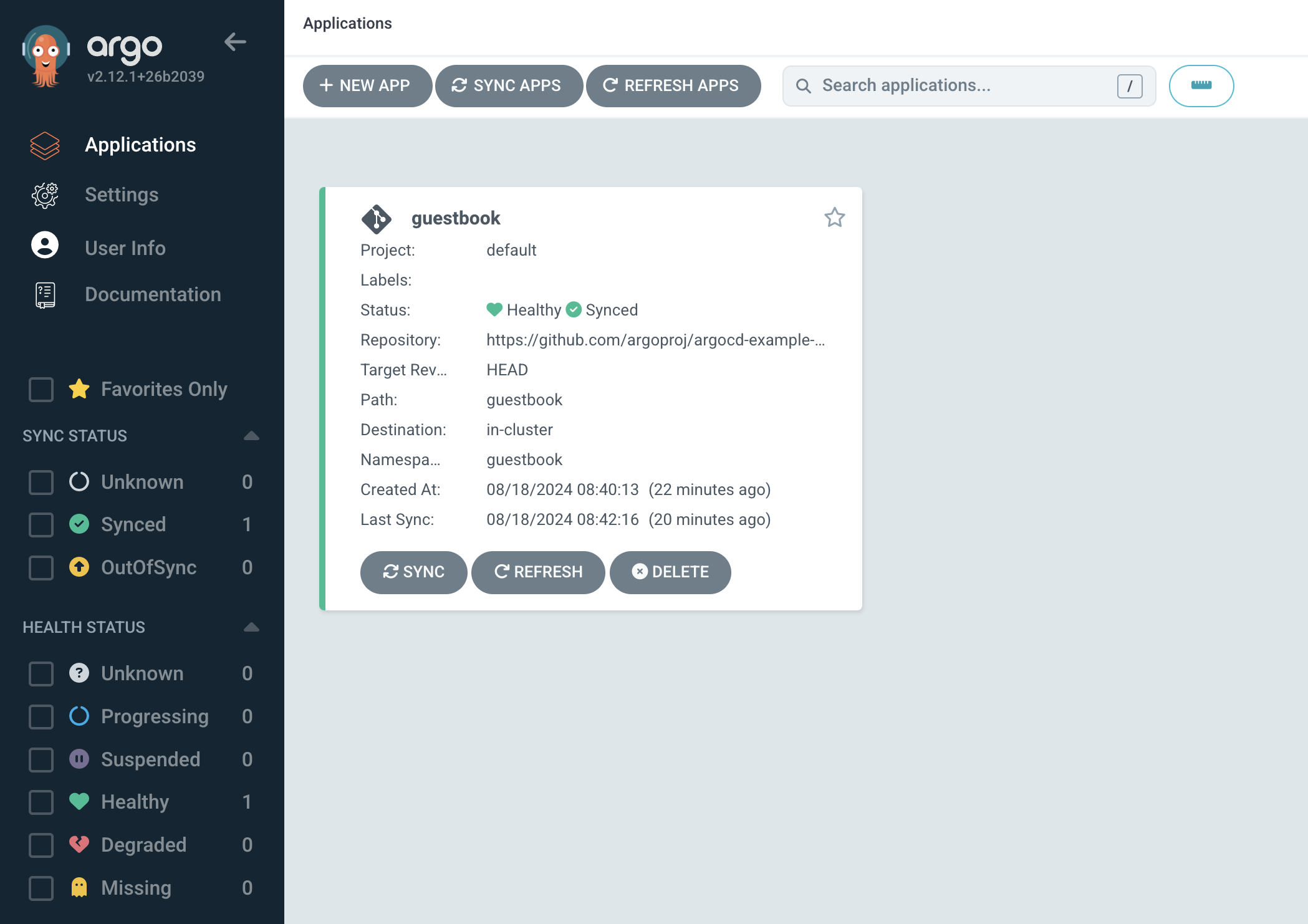 L'application ArgoCD guestbook est en état Healthy et Synced