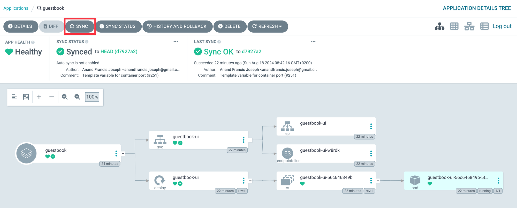 Vue de l'application ArgoCD guestbook